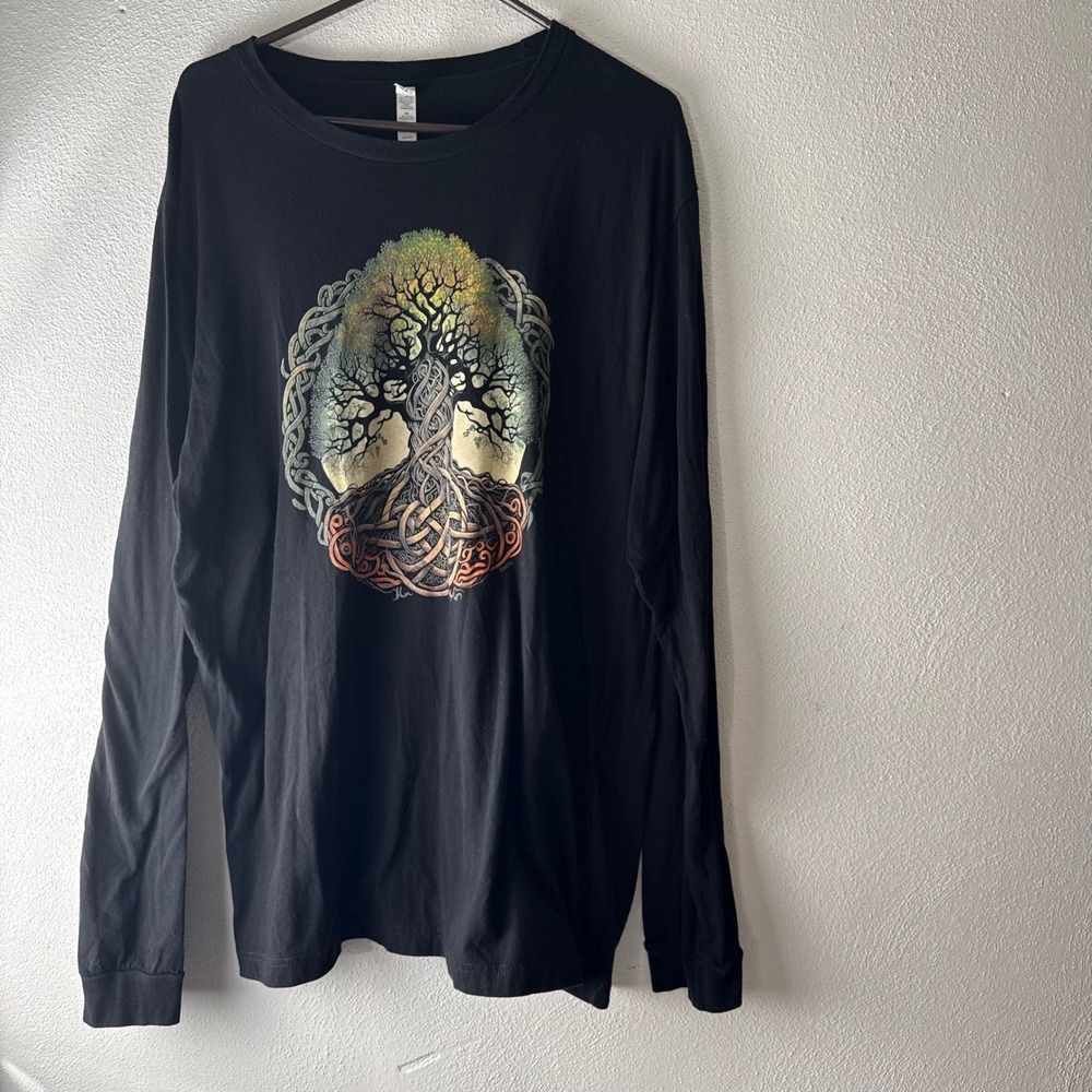 Bella Canvas Mens 2XL Tree of Life Celtic Knot Long Sleeve Graphic T-Shirt Black - Picture 3 of 9